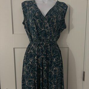 Leota Green Faux Wrap Floral Sleeveless Dress